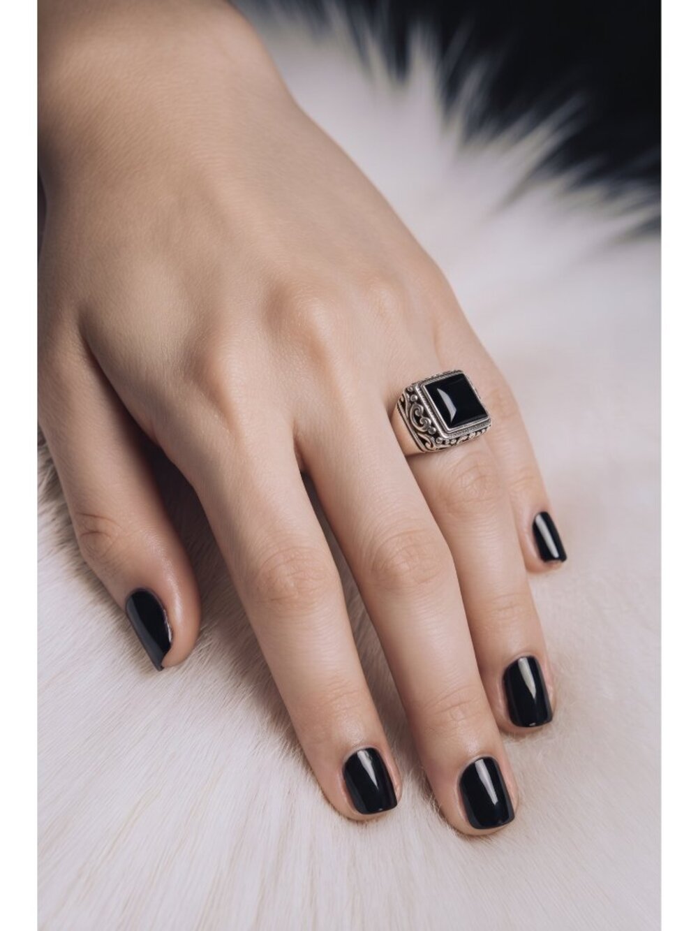 SX Thailand Black Onyx 925 Sterling Silver Filigree Statement Ring Size 9 Boho